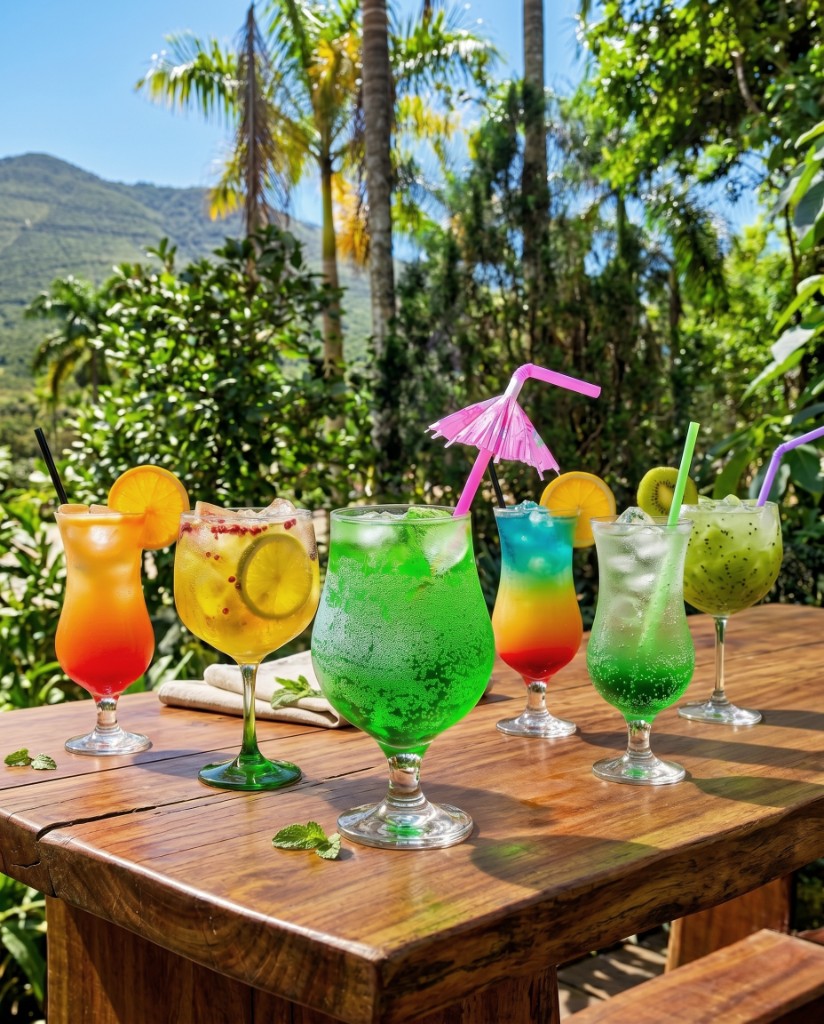 Drinks coloridos servidos no parque, com vista para a mata